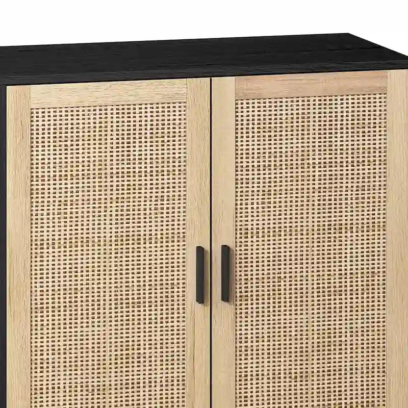 Meuble buffet à quatre portes en rotin naturel, étagère réglable, pieds en bois massif