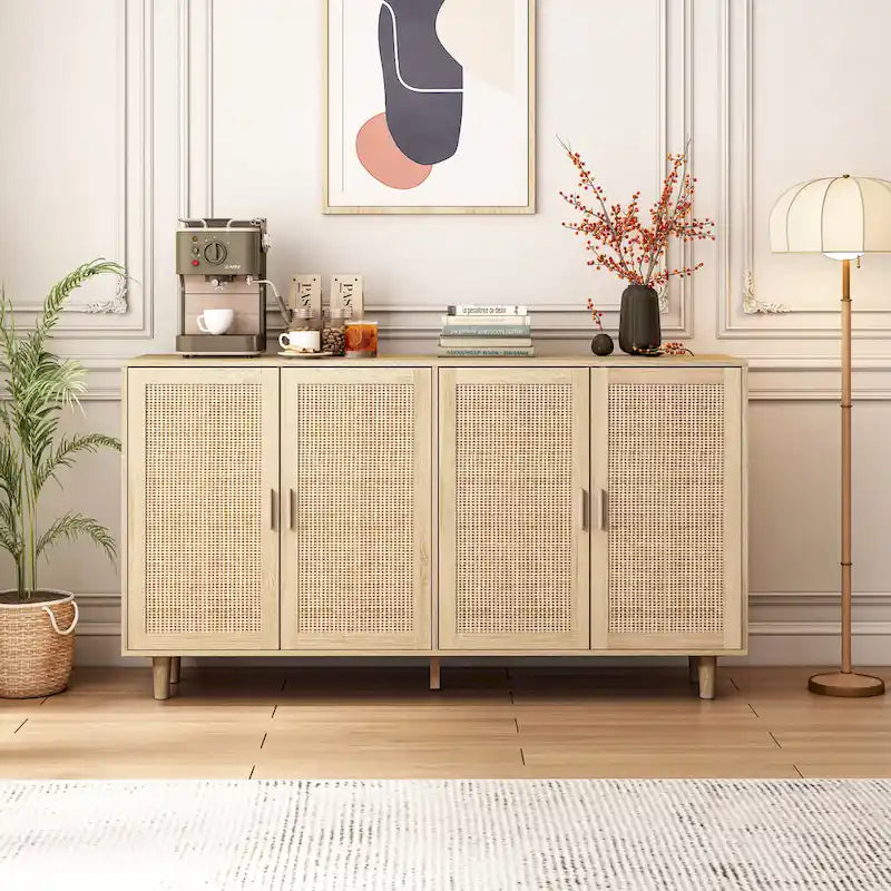 Meuble buffet à quatre portes en rotin naturel, étagère réglable, pieds en bois massif