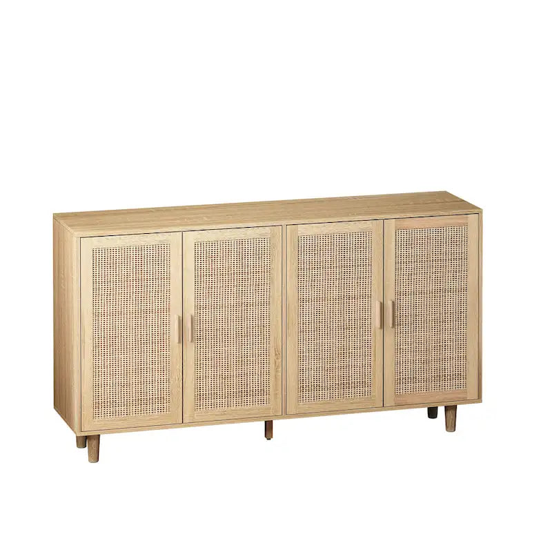 Meuble buffet à quatre portes en rotin naturel, étagère réglable, pieds en bois massif