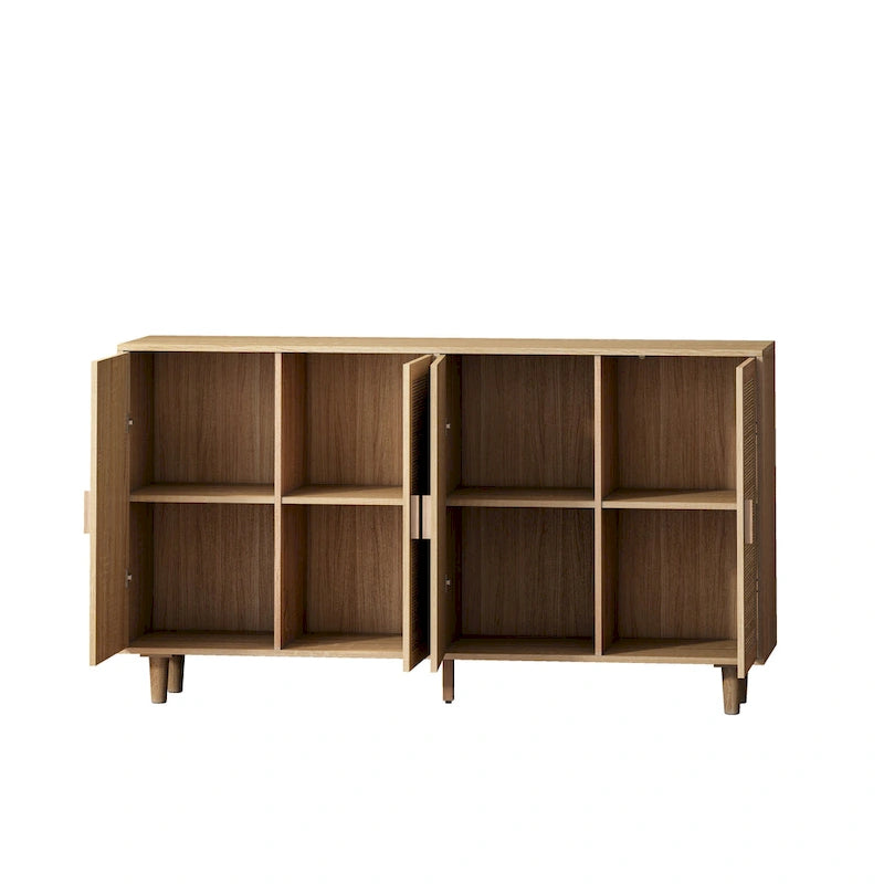 Meuble buffet à quatre portes en rotin naturel, étagère réglable, pieds en bois massif