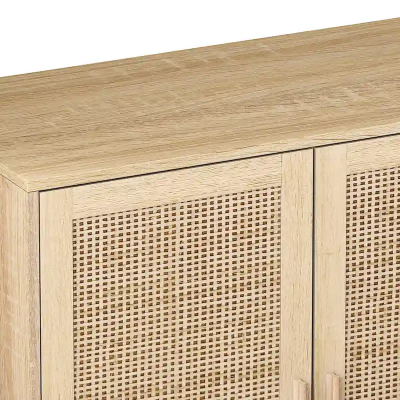 Meuble buffet à quatre portes en rotin naturel, étagère réglable, pieds en bois massif