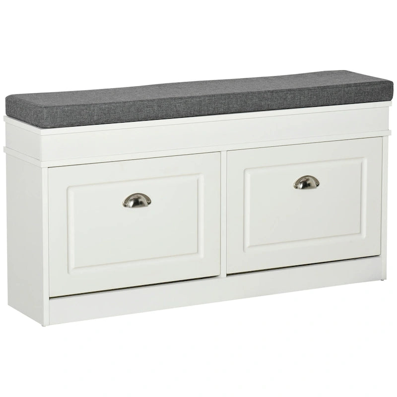Banc à chaussures d'entrée blanc avec coussin, deux tiroirs à abattant, capacité de huit paires, étagères réglables