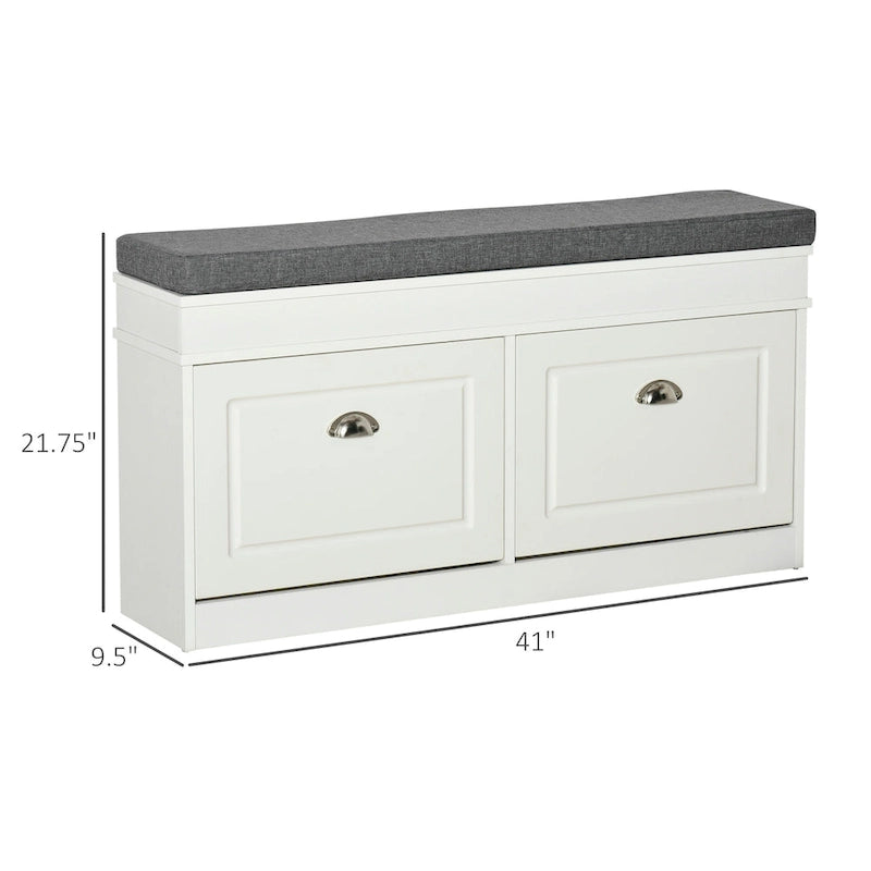Banc à chaussures d'entrée blanc avec coussin, deux tiroirs à abattant, capacité de huit paires, étagères réglables