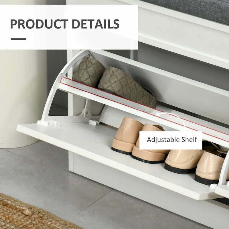 Banc à chaussures d'entrée blanc avec coussin, deux tiroirs à abattant, capacité de huit paires, étagères réglables
