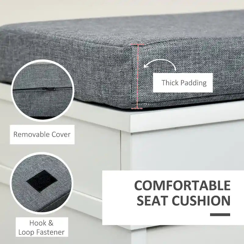 Banc à chaussures d'entrée blanc avec coussin, deux tiroirs à abattant, capacité de huit paires, étagères réglables