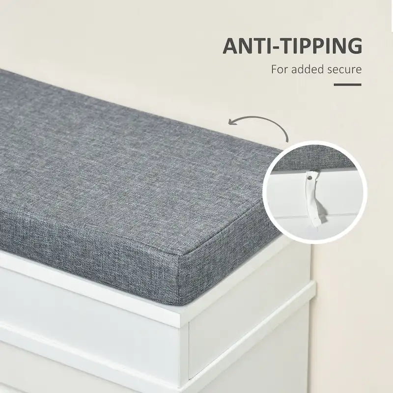 Banc à chaussures d'entrée blanc avec coussin, deux tiroirs à abattant, capacité de huit paires, étagères réglables