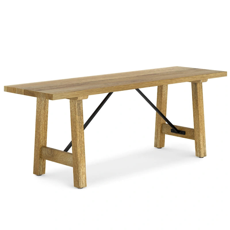 Banc d'entrée en bois de manguier massif naturel, piètement tréteau en métal noir, style industriel