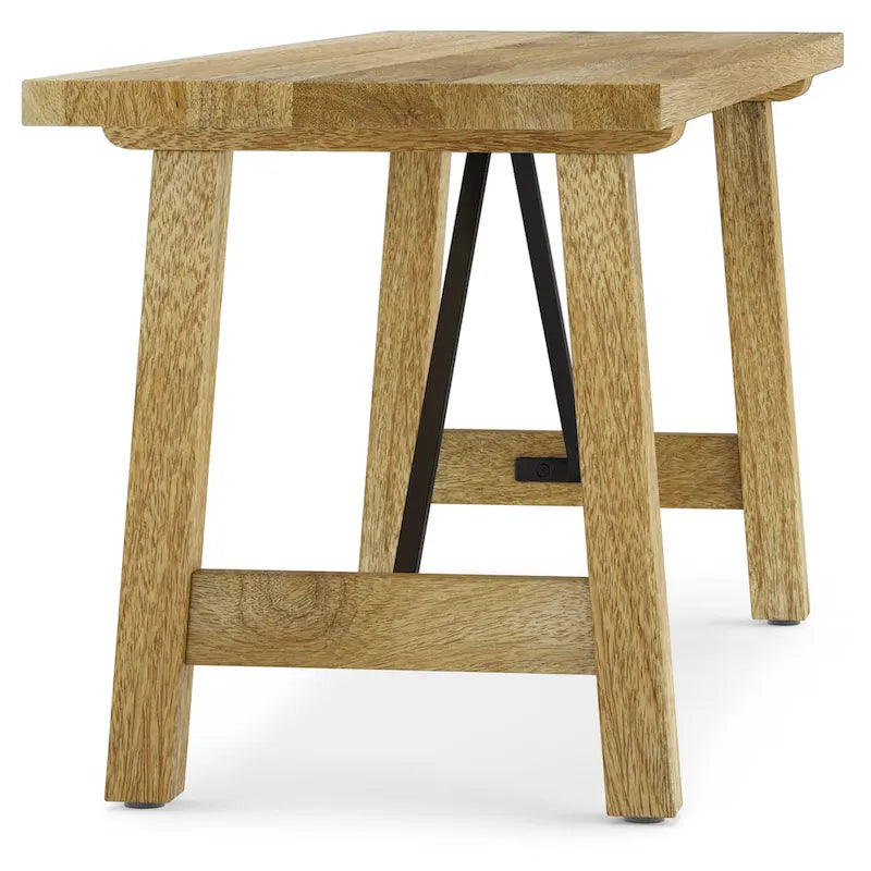Banc d'entrée en bois de manguier massif naturel, piètement tréteau en métal noir, style industriel