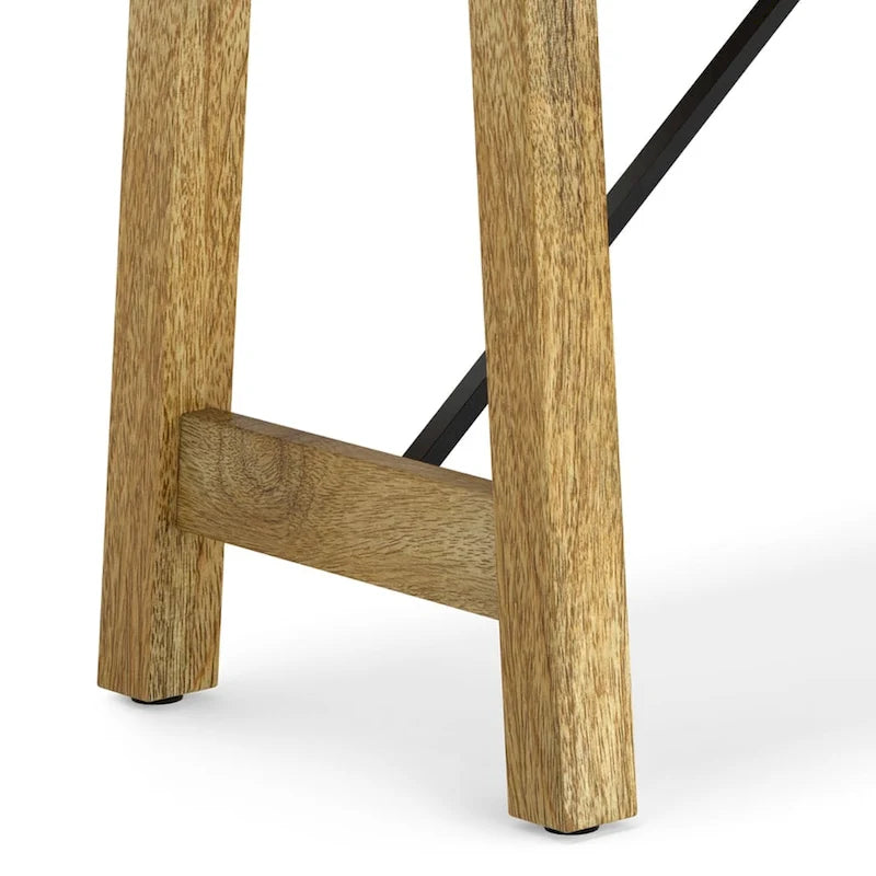 Banc d'entrée en bois de manguier massif naturel, piètement tréteau en métal noir, style industriel