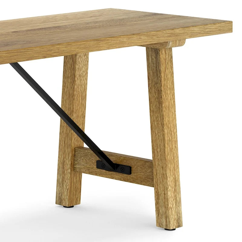 Banc d'entrée en bois de manguier massif naturel, piètement tréteau en métal noir, style industriel