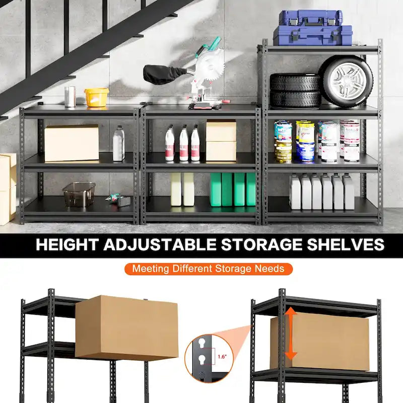 Étagère de rangement métallique robuste à 5 niveaux noire, étagères de garage réglables