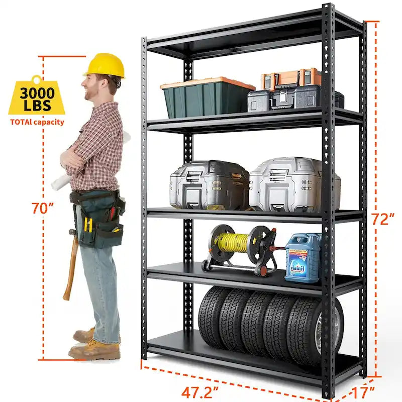 Étagère de rangement métallique robuste à 5 niveaux noire, étagères de garage réglables