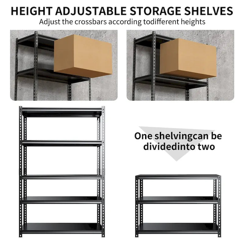 Étagère de rangement métallique robuste à 5 niveaux noire, étagères de garage réglables