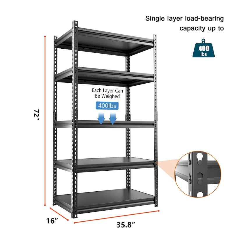 Étagère de rangement métallique robuste à 5 niveaux noire, étagères de garage réglables