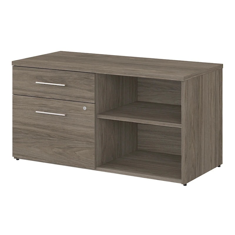 Meuble de rangement bas de bureau gris orageux à deux tiroirs, avec serrures et étagères ouvertes, support d'imprimante.