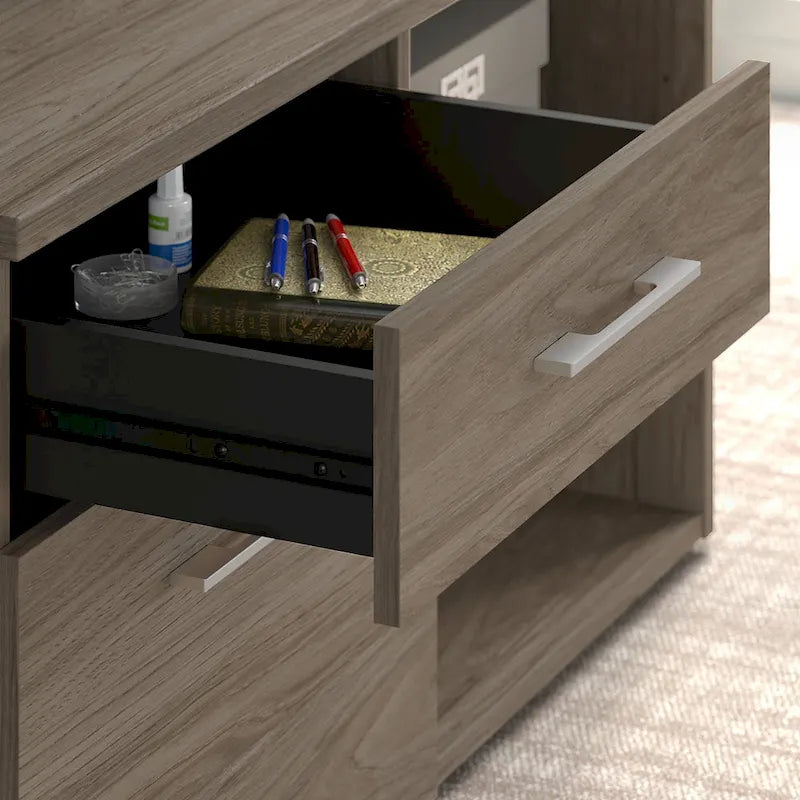 Meuble de rangement bas de bureau gris orageux à deux tiroirs, avec serrures et étagères ouvertes, support d'imprimante.