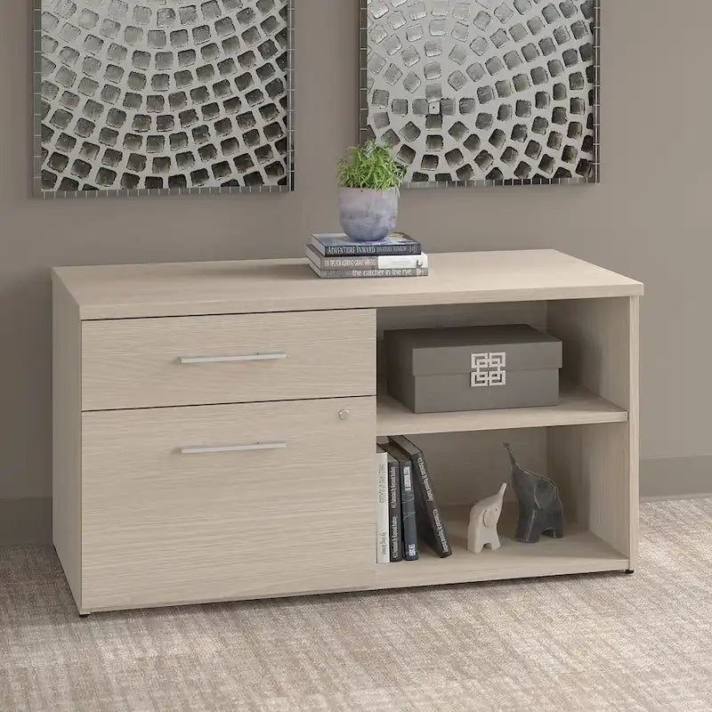 Meuble de rangement bas de bureau gris orageux à deux tiroirs, avec serrures et étagères ouvertes, support d'imprimante.