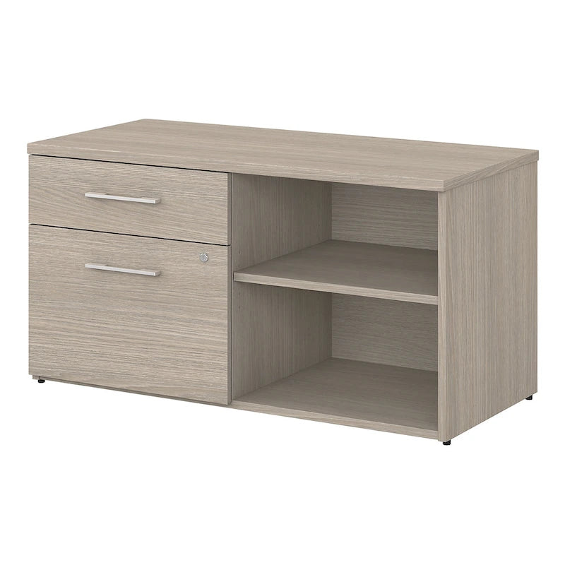 Meuble de rangement bas de bureau gris orageux à deux tiroirs, avec serrures et étagères ouvertes, support d'imprimante.