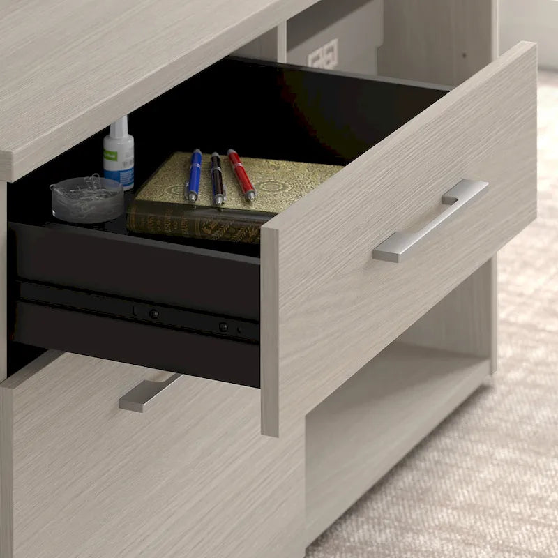 Meuble de rangement bas de bureau gris orageux à deux tiroirs, avec serrures et étagères ouvertes, support d'imprimante.