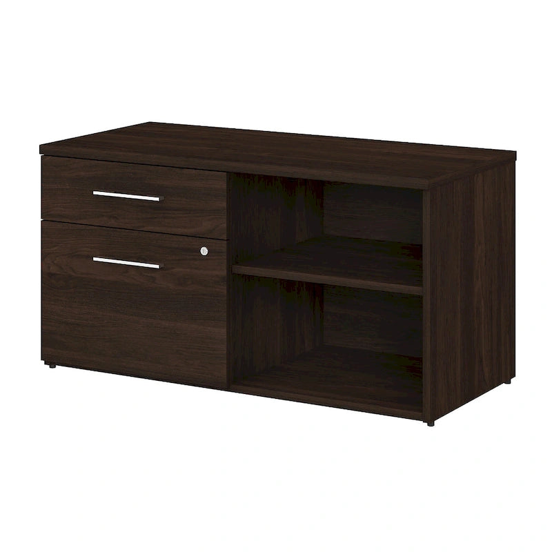 Meuble de rangement bas de bureau gris orageux à deux tiroirs, avec serrures et étagères ouvertes, support d'imprimante.