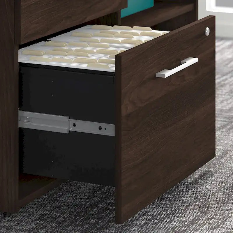 Meuble de rangement bas de bureau gris orageux à deux tiroirs, avec serrures et étagères ouvertes, support d'imprimante.