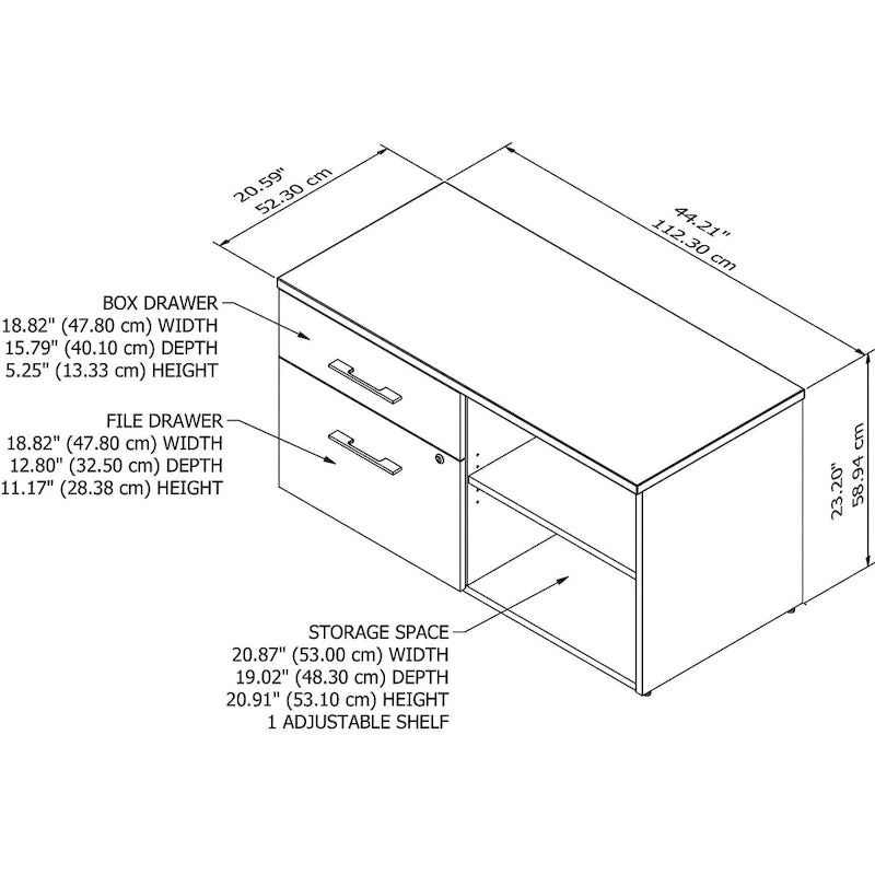 Meuble de rangement bas de bureau gris orageux à deux tiroirs, avec serrures et étagères ouvertes, support d'imprimante.