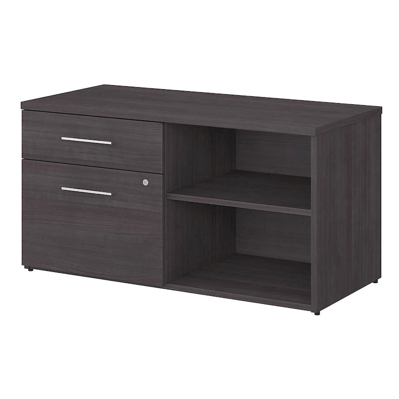 Meuble de rangement bas de bureau gris orageux à deux tiroirs, avec serrures et étagères ouvertes, support d'imprimante.