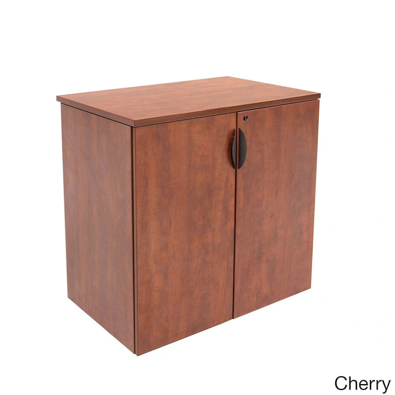 Armoire de bureau en bois de cerisier avec deux portes, étagères réglables et serrure.