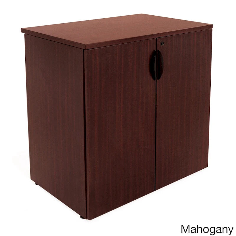 Armoire de bureau en bois de cerisier avec deux portes, étagères réglables et serrure.