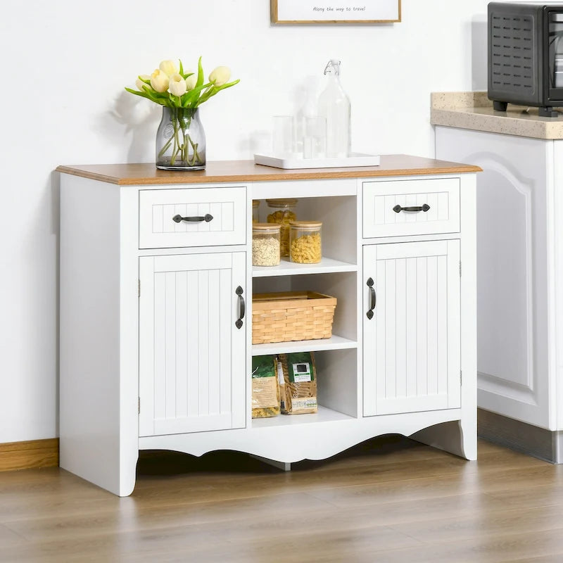 Buffet bahut deux tons blanc, deux tiroirs, deux portes, étagères ouvertes