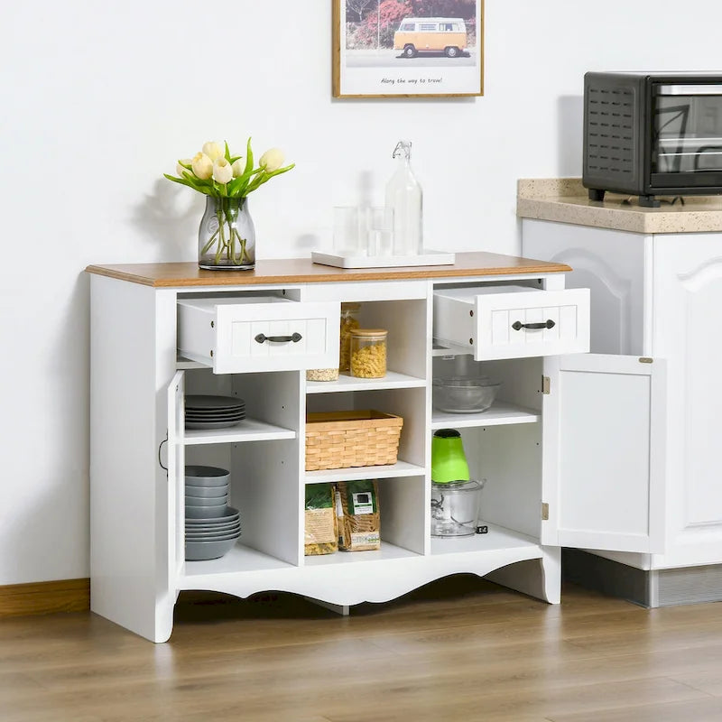 Buffet bahut deux tons blanc, deux tiroirs, deux portes, étagères ouvertes