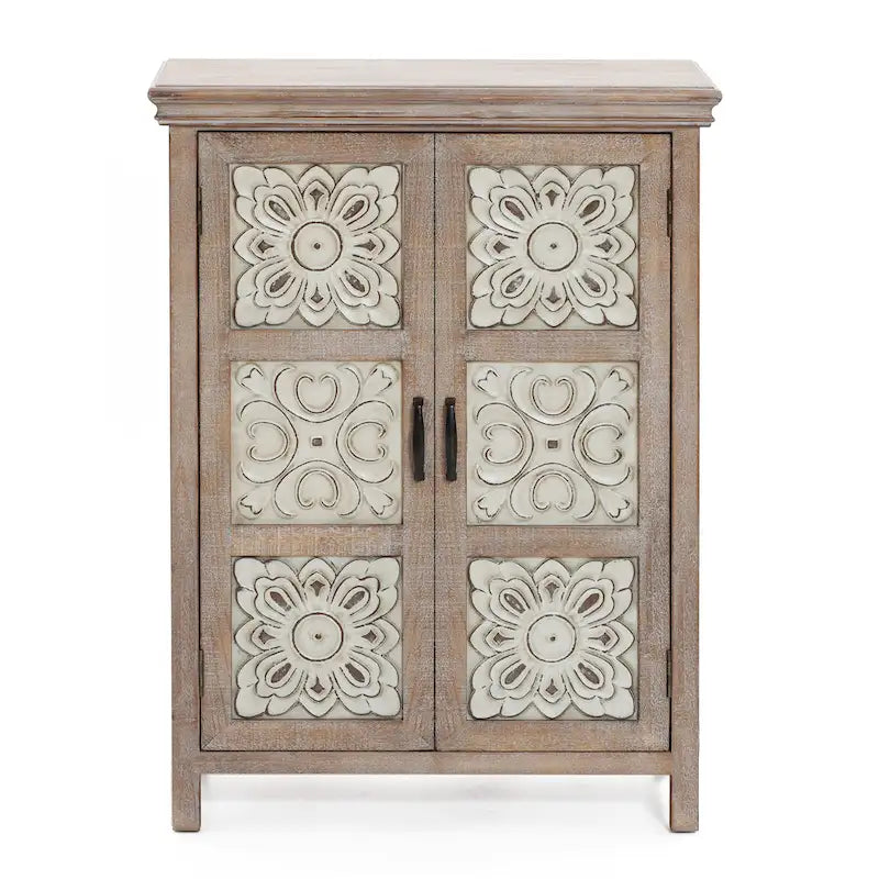 Meuble de rangement à deux portes de style rustique blanchi avec panneaux métalliques estampés, étagère fixe et bois de sapin