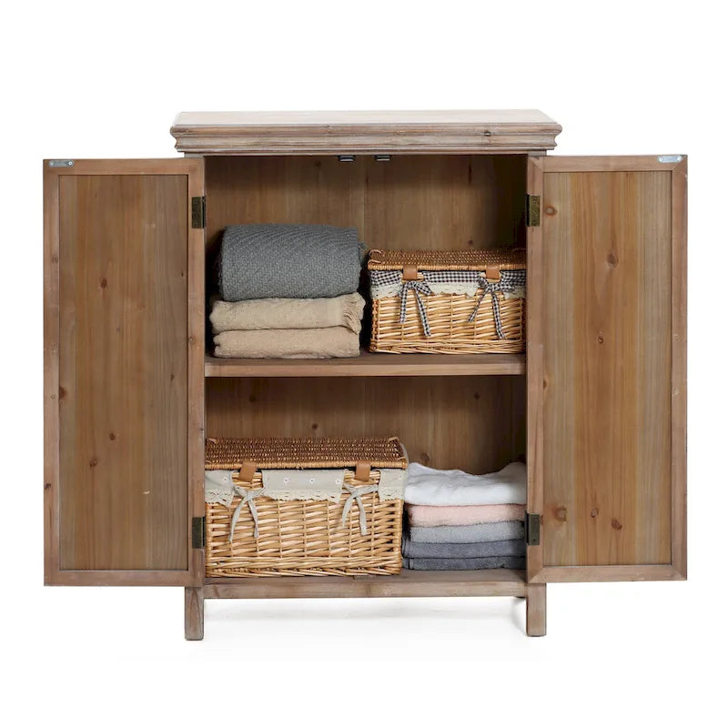 Meuble de rangement à deux portes de style rustique blanchi avec panneaux métalliques estampés, étagère fixe et bois de sapin