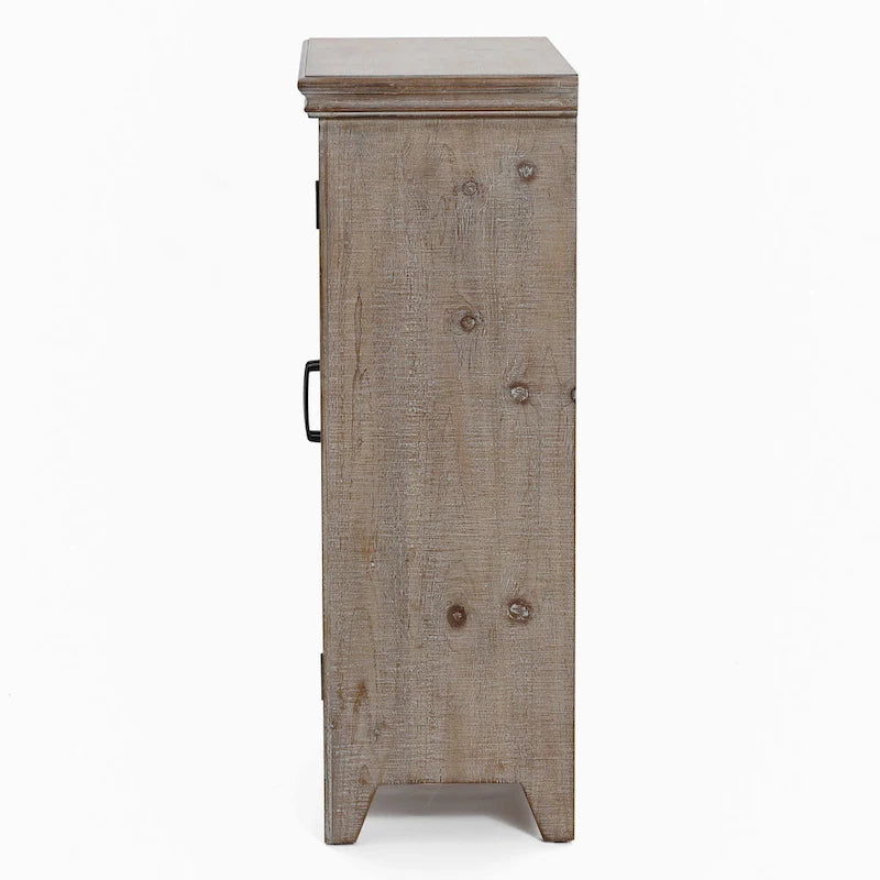 Meuble de rangement à deux portes de style rustique blanchi avec panneaux métalliques estampés, étagère fixe et bois de sapin
