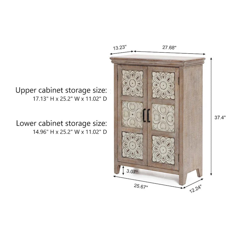 Meuble de rangement à deux portes de style rustique blanchi avec panneaux métalliques estampés, étagère fixe et bois de sapin
