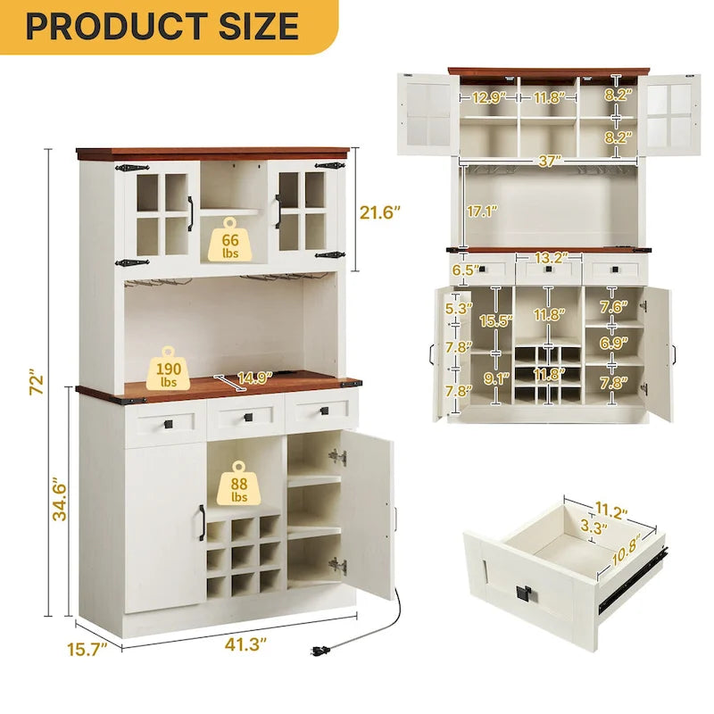 Armoire de cuisine rustique avec cellier, range-bouteilles, porte-verres, tiroirs et station de charge