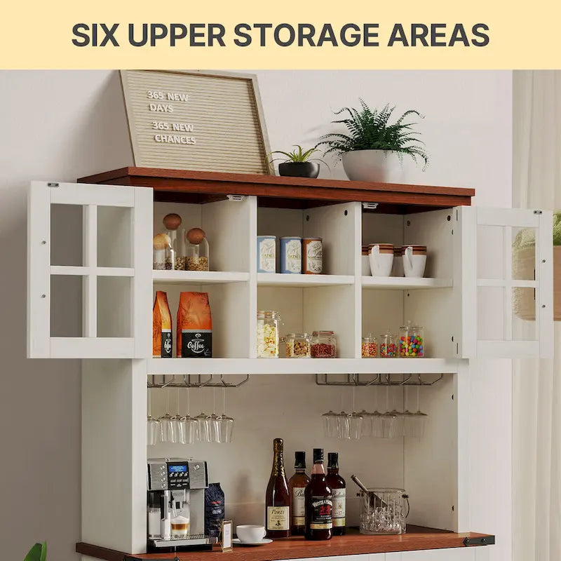 Armoire de cuisine rustique avec cellier, range-bouteilles, porte-verres, tiroirs et station de charge