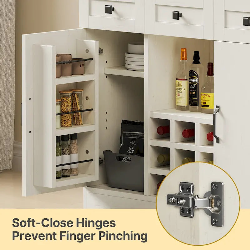 Armoire de cuisine rustique avec cellier, range-bouteilles, porte-verres, tiroirs et station de charge