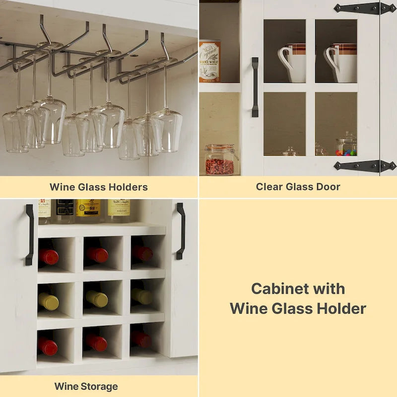 Armoire de cuisine rustique avec cellier, range-bouteilles, porte-verres, tiroirs et station de charge