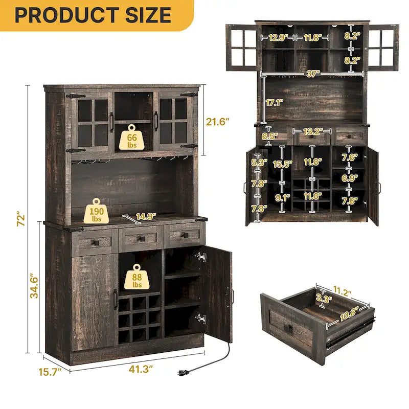 Armoire de cuisine rustique avec cellier, range-bouteilles, porte-verres, tiroirs et station de charge