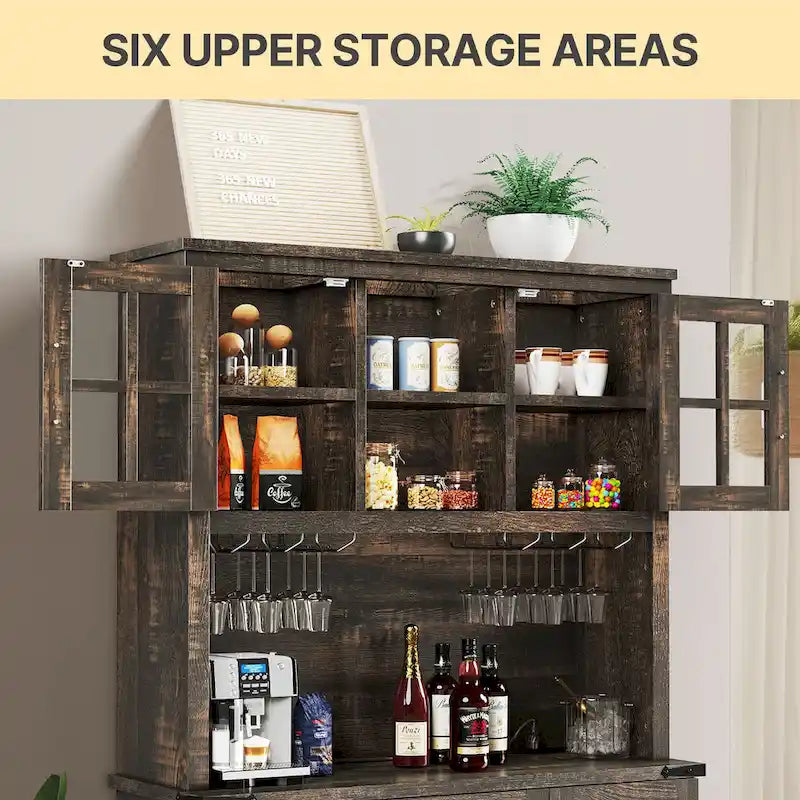 Armoire de cuisine rustique avec cellier, range-bouteilles, porte-verres, tiroirs et station de charge