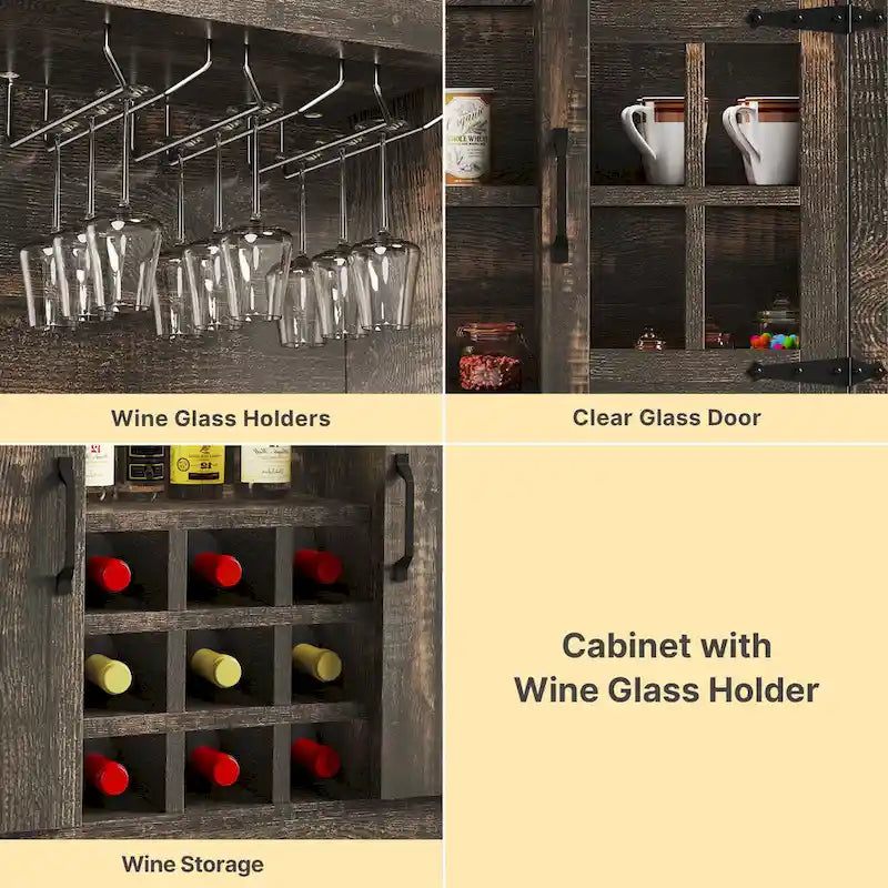 Armoire de cuisine rustique avec cellier, range-bouteilles, porte-verres, tiroirs et station de charge