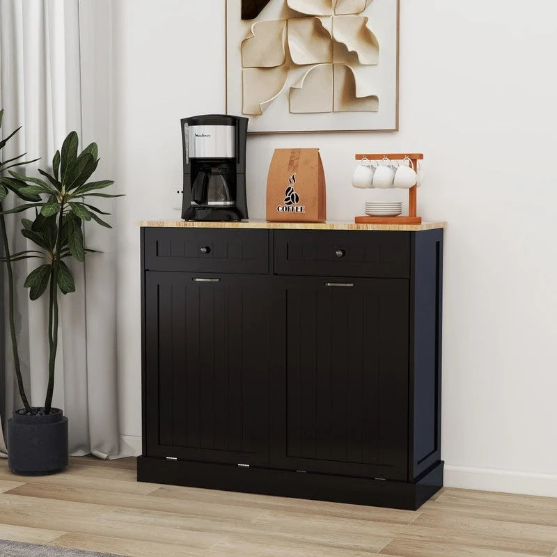 Meuble Poubelle Inclinable Double Noir Deux Tiroirs Plateau en Bois Naturel MDF E1 Compatible Îlot de Cuisine