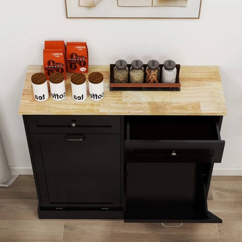 Meuble Poubelle Inclinable Double Noir Deux Tiroirs Plateau en Bois Naturel MDF E1 Compatible Îlot de Cuisine