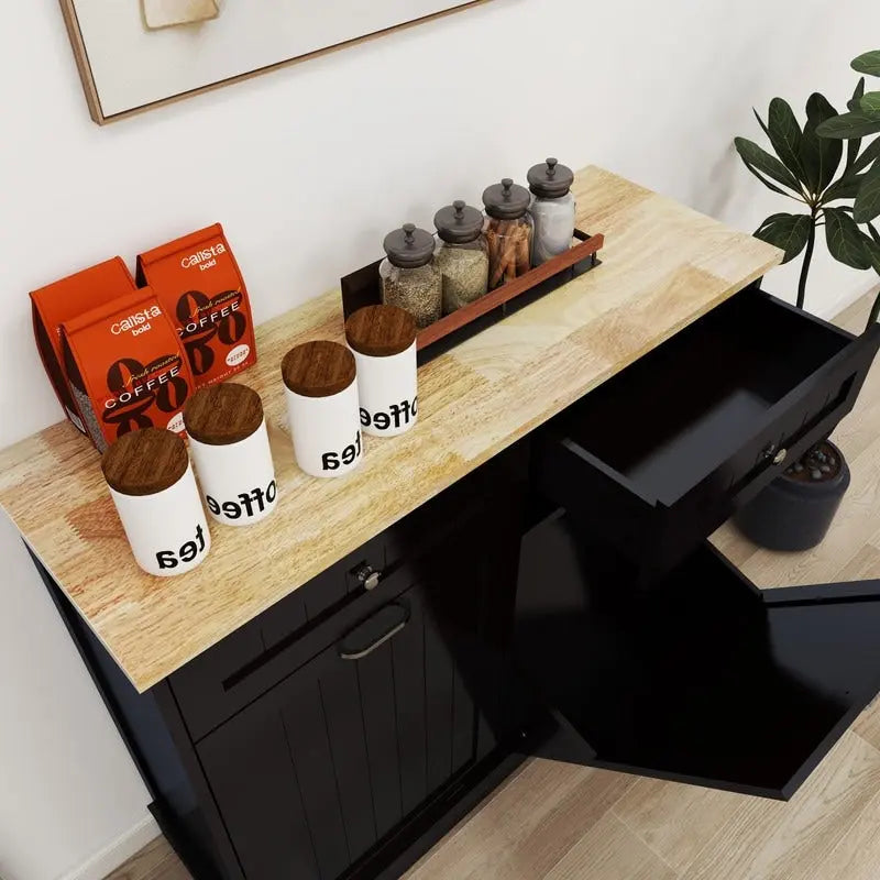 Meuble Poubelle Inclinable Double Noir Deux Tiroirs Plateau en Bois Naturel MDF E1 Compatible Îlot de Cuisine