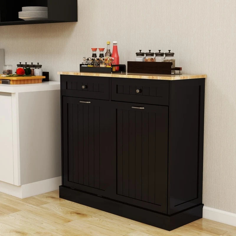 Meuble Poubelle Inclinable Double Noir Deux Tiroirs Plateau en Bois Naturel MDF E1 Compatible Îlot de Cuisine