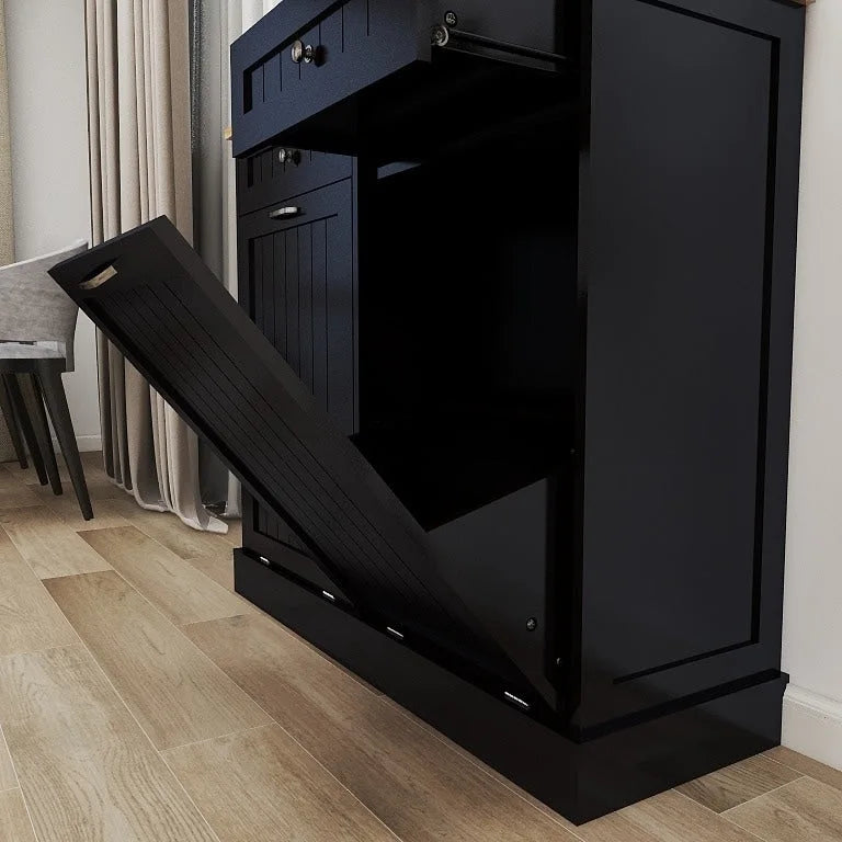Meuble Poubelle Inclinable Double Noir Deux Tiroirs Plateau en Bois Naturel MDF E1 Compatible Îlot de Cuisine