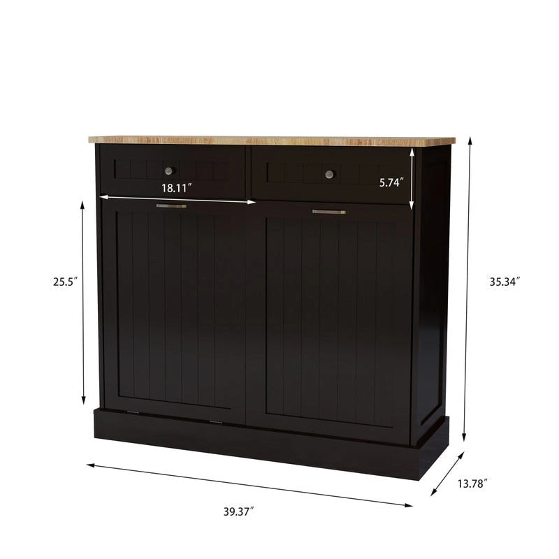 Meuble Poubelle Inclinable Double Noir Deux Tiroirs Plateau en Bois Naturel MDF E1 Compatible Îlot de Cuisine