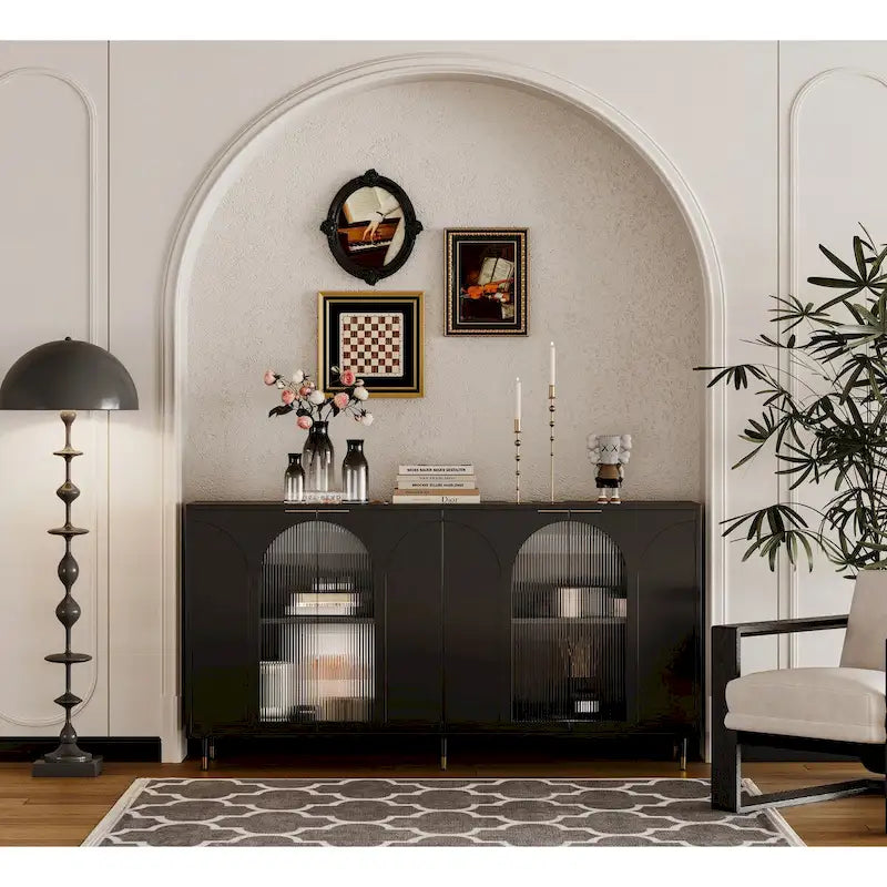 Meuble d'appoint noir trois portes vitrées cannelées à arches étagères réglables pieds en métal