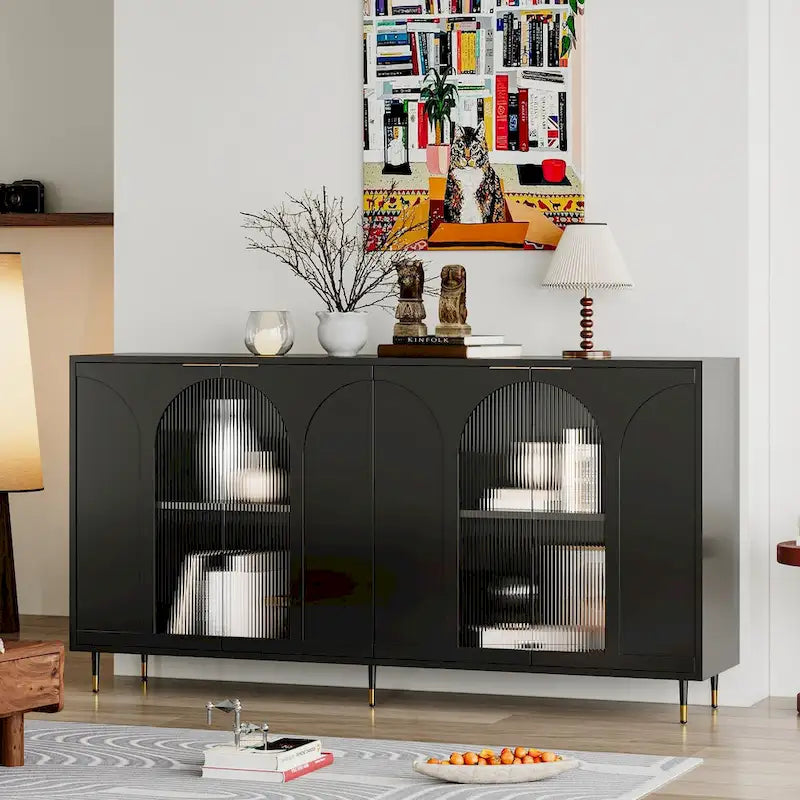 Meuble d'appoint noir trois portes vitrées cannelées à arches étagères réglables pieds en métal